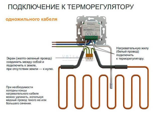 Схема подключения одножильного теплого пола к терморегулятору