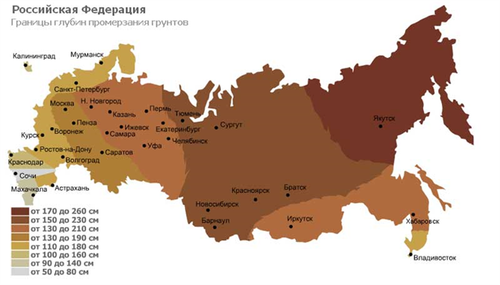 Границы промерзания грунтов в разных регионах России