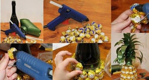 как украсить шампанское на новый год своими руками конфетами