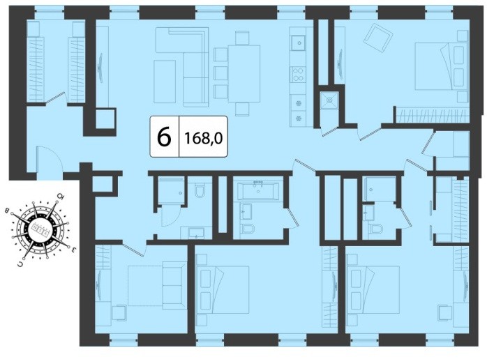 Расположение комнат в шестикомнатной квартире